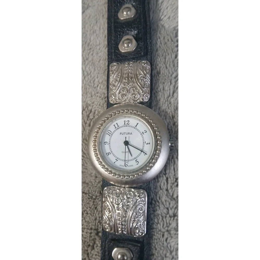Vtg Futura Quartz Watch Women Silver Ornate Black Leather Band‎ Needs Battery